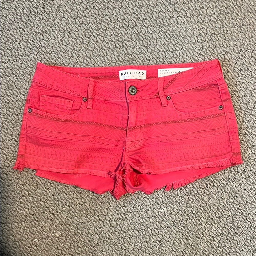 Bullhead Women's Pink- Red Aztec print Pattern Shorts with fringe